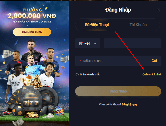 Bấm vào mục quên mật khẩu