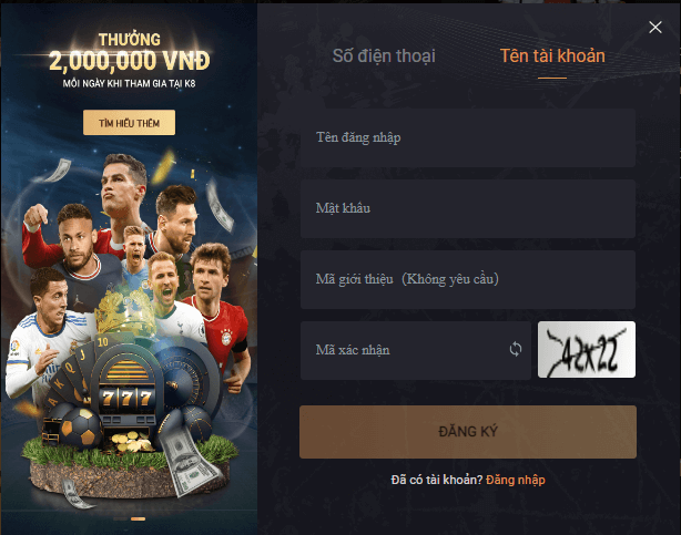 link đăng ký k8 bằng tên tài khoản