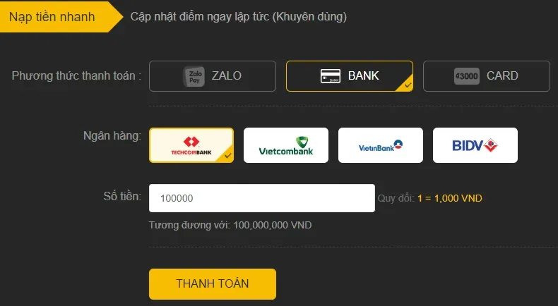 Đa dạng hình thức nạp tiền 