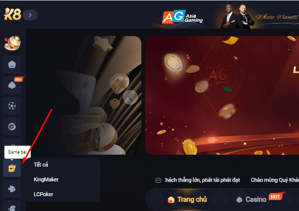 Chọn game bài ở trang chủ K8