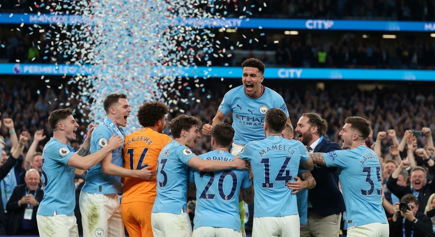 Manchester City ăn mừng chiến thắng trong trận đấu Ngoại Hạng Anh