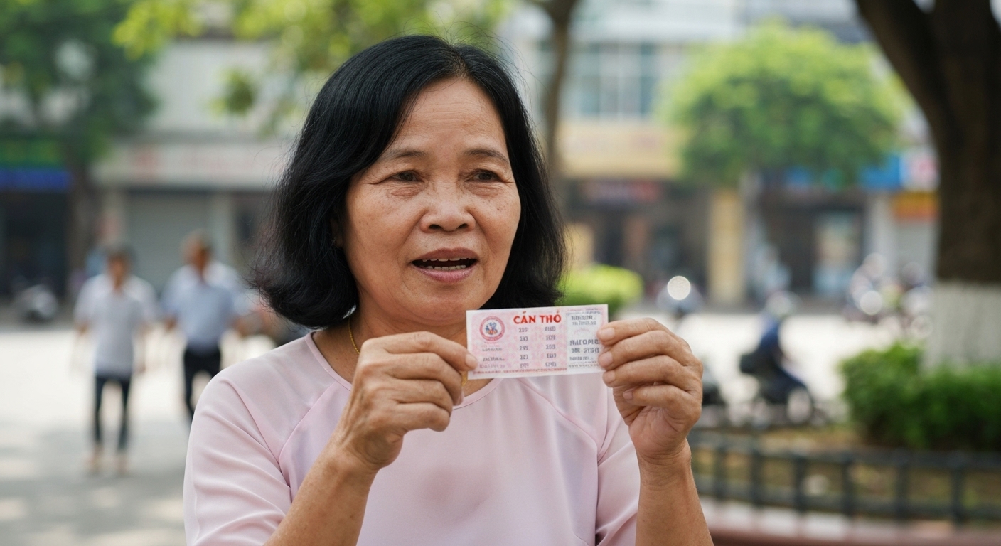 Một người đang cầm tấm vé số Cần Thơ với vẻ mặt hy vọng.